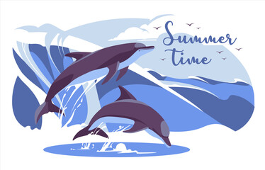 Two dolphins emerge from the water against the backdrop of large waves. Ocean, sea, sky, birds, summer time, vacation concept. Environment protection. Flat vector illustration.