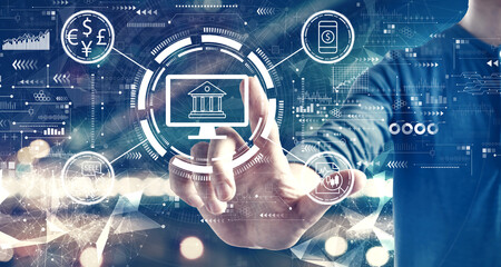 Fintech theme with a man on blurred city background