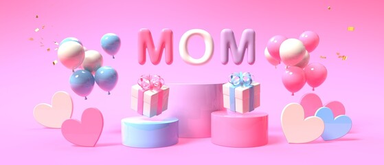 Mothers day theme with gift boxes and balloons - 3D render