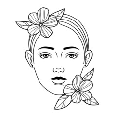 Female vector portrait illustration with flowers, line art.