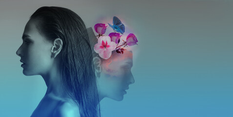 Profile of a female head with flowers and a butterfly. Mental Health Day. 10 October. World...