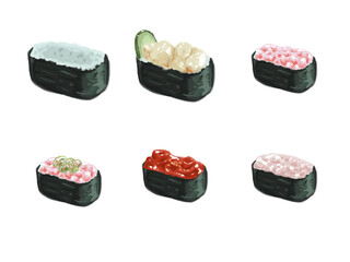 japanese sushi food watercolor paint set isolated on white background
