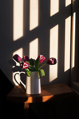 Pink red tulip flowers with green stems and leaves in a white ceramic pitcher on a dark shadow and light white wall and window background. Creative floral botany wallpaper.
