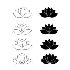 Lotus flower silhouette isolated on white. Lotus water lily outline logo in trendy style. Beauty logo template for wedding invitation, online education, visiting card.