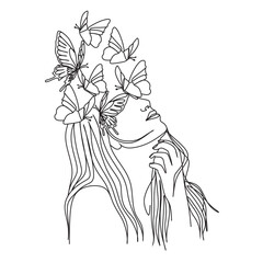 Woman face with butterfly and  Flower. Abstract face with butterfly by one line vector drawing. Portrait minimalistic style. Botanical print. Nature symbol of cosmetics.