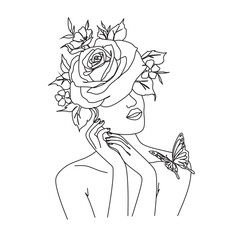 Woman face with butterfly and  Flower. Abstract face with butterfly by one line vector drawing. Portrait minimalistic style. Botanical print. Nature symbol of cosmetics.