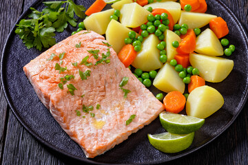 instant pot salmon, carrots, peas and potatoes