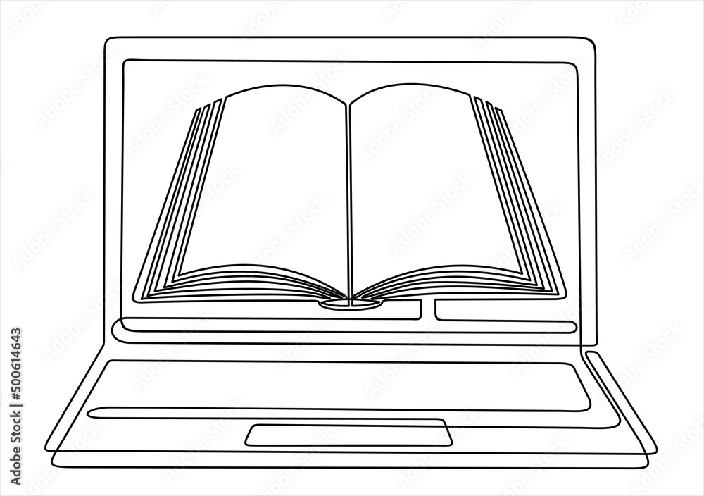 Aufkleber continuous line drawing or one line drawing of a book on a computer. vector illustration of modern e