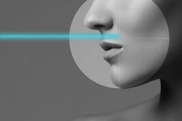 Close-up profile of a caucasian girl with perfect young fresh skin on a gray background. Facial...