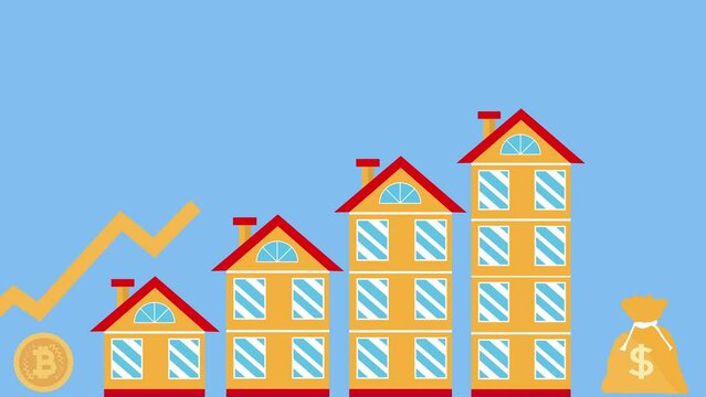 Real estate business rising and building increasing 4K animation. Home selling business and money increasing concept footage. Animation of a real estate business infographic chart.