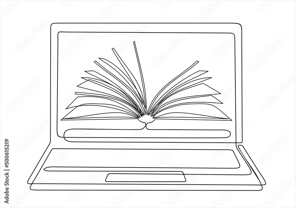 Poster continuous line drawing or one line drawing of a book on a computer. vector illustration of modern e