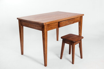 handmade wooden table on a white background with all the details