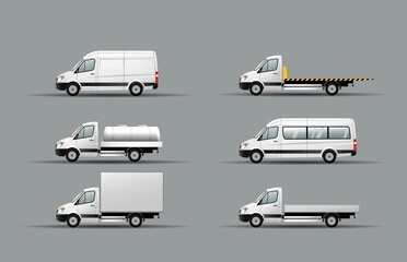 A set of images of a modern light duty truck with different body options. Flat vector illustration. Side view. - obrazy, fototapety, plakaty