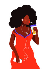 African American slender young woman with curly black hair wears red dress, drinks a smoothy fruit drink with straw, listens to music with earphones connected to her mobile - flat vector illustration