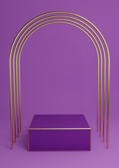 Bright purple, violet 3D rendering minimal product display cube podium or stand with luxury gold arches and golden lines. Simple background abstract composition.