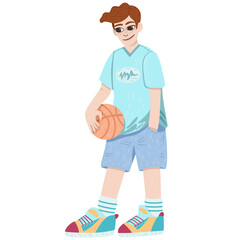 Vector character basketball player. Red-haired guy in a blue t-shirt, shorts and sneakers. Summer street style.