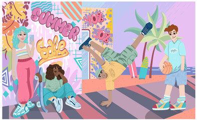 Vector illustration with teenagers characters having fun in the street. Two girls and two guys. Modern street style. Summer sales.