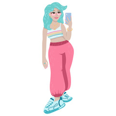 Vector character takes pictures on a smartphone. A girl with blue hair, in a tank top, pink pants and sneakers. Summer street style.
