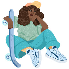 Vector character is sitting. A girl with a skateboard in a cap, t-shirt, jeans and sneakers. Summer street style.