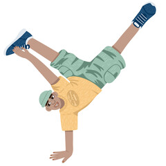 Vector character is dancing. A guy in a cap, yellow t-shirt, shorts and sneakers does a handstand. Summer street style.