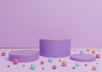 Light, pastel, lavender purple 3D rendering of three podium stands product display with golden lines and colorful marbles for product presentation or backdrop luxury products or fun candies
