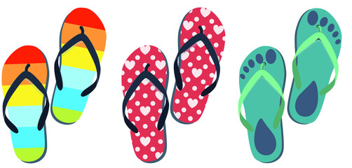 Summer flip flops set isolated on white. Three pairs of multicolor flip flops - obrazy, fototapety, plakaty