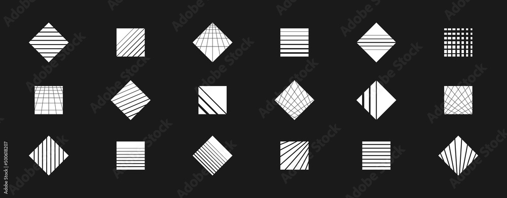 Poster set of retrowave design elements. square and rhombus shapes with stripes and perspective grids. dott