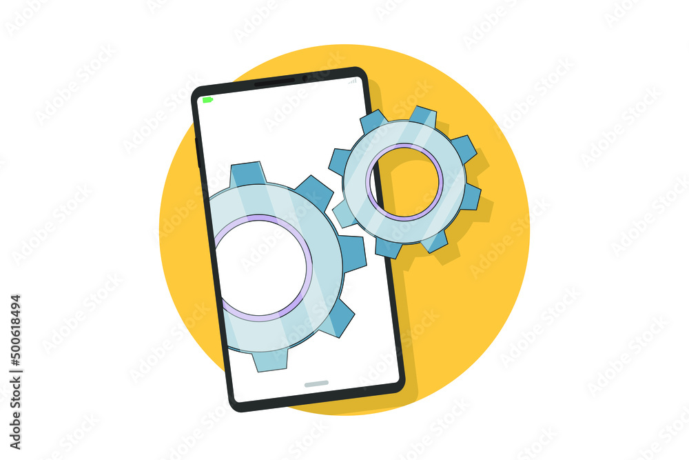 Poster smartphone with two gears on yellow circle background. mobile update concept. flat design style illu