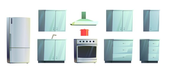 Kitchen interior. Set of objects. Furniture in room for cooking and eating. Illustration is isolated on white background. Vector