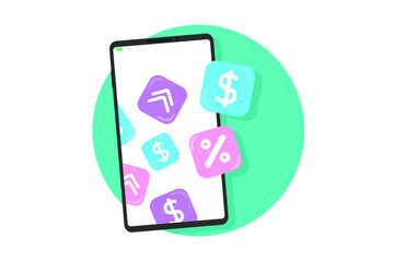 Smartphone with profit bubles on aquamarine circle background. mobile stock market sale  concept. Flat design style illustration.