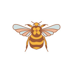 Retro 70s 60s Summer Floral Honeybee with blue pink wings vector illustration isolated on white. Boho Groovy Hippie Flower Power vibes bee insect print for tee shirt or fashion fabric.