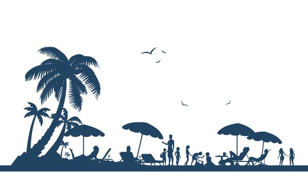 People having fun on the beach summer tourism and travels. Crowd of people silhouettes vector illustration.