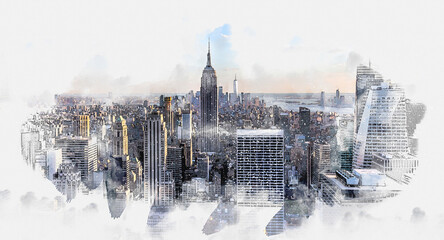 New York City Manhattan midtown aerial panorama view with skyscrapers and blue sky in the day, Digital watercolor painting 