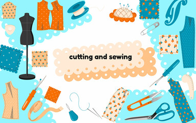 set of illustrations on the theme of cutting and sewing. Illustrations of tools and patterns for tailors isolated on white background