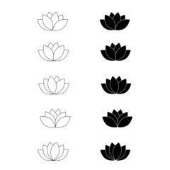Lotus flower isolated on white background, illustration. Flower set icon, water lily outline and silhouette logotype.