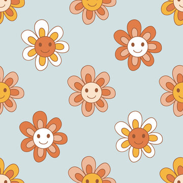 Retro 70s 60s Hippie Groovy Floral Daisy Happy Smile Face vector seamless pattern. Boho Flower child Flower power vibes background. Bohemian naive floret surface design.