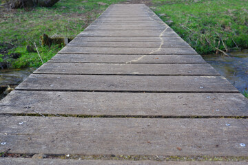 outdoor natural landscape with empty trail between trees through wooden bridge. Small wooden bridge in a forest in early spring