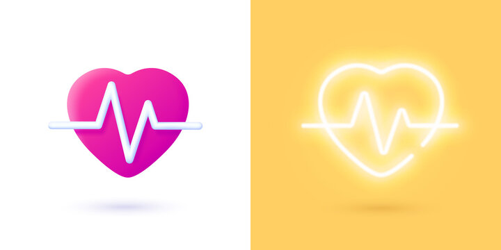 Pulse neon, great design for any purposes. Realistic pulse 3d for medical design. Red heart. Isolated object. 3d sign. Heart wave. Vector isolated design element