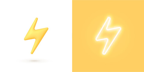 3d realistic lightning bolt vector illustration. Bolt neon on light background. Realistic 3d symbol design. Vector isolated illustration - obrazy, fototapety, plakaty