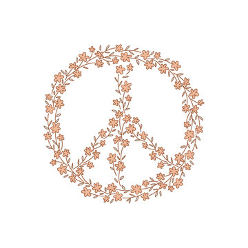 Retro 70s 60s Summer Hippie Groovy Peace Sign Floral wreath vector illustration isolated on white. Boho Vintage flora pacifist symbol Flower power Flower child tee shirt print.