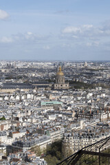 Paris, France, Europe: aerial view of the skyline of the city with the Saint Louis cathedral in the Les Invalides complex and the Pantheon seen from the top of the Eiffel Tower 