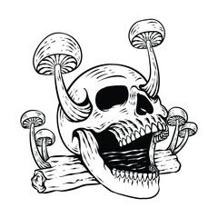 tattoo design hand drawn skull with mushroom line art black and white