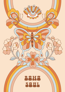 Retro 70s 60s Hippie Groovy Rainbow Flower Butterfly Evil Eye vector illustration. Boho soul pharase. Bohemian Summer Flower Power Flower child poster.