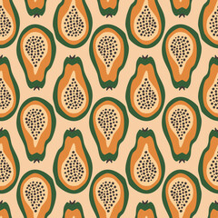 Tropical papaya hand drawn vector illustration. Abstract fruit in flat style seamless pattern.