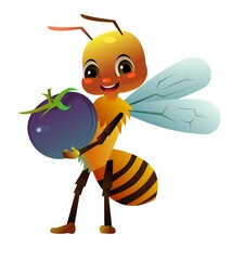 Happy bee With berry. Wildlife object. Little funny insect. Cute cartoon style. Isolated on white background. Vector