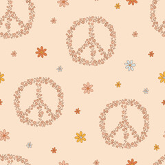 Retro 70s 60s Floral Hippie Summer Peace Sign Groovy Flower Power Flower Child vector seamless pattern. Boho light pink background flora pacifist symbol wreath surface design.