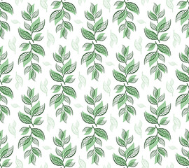Seamless floral pattern with green leaves isolated on white background. Vector illustration. Design for textiles, packaging, fabrics, wrapping paper, covers,  wallpaper.