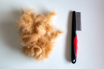 comb for combing wool and tangles in cats next to a pile of wool