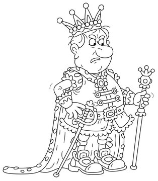 recommend clip art: Angry king in a golden crown and solemn royal attire at a palatial ceremony in a palace, black and white outline vector cartoon illustration for a coloring book page