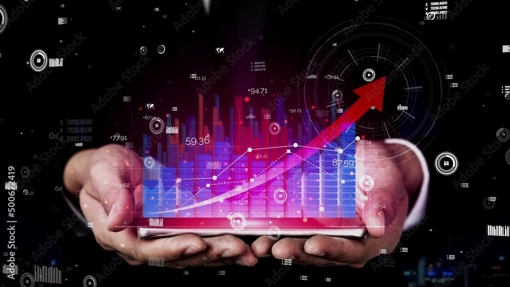 Poster conceptual business dashboard for financial data analysis . 3d render computer graphic .